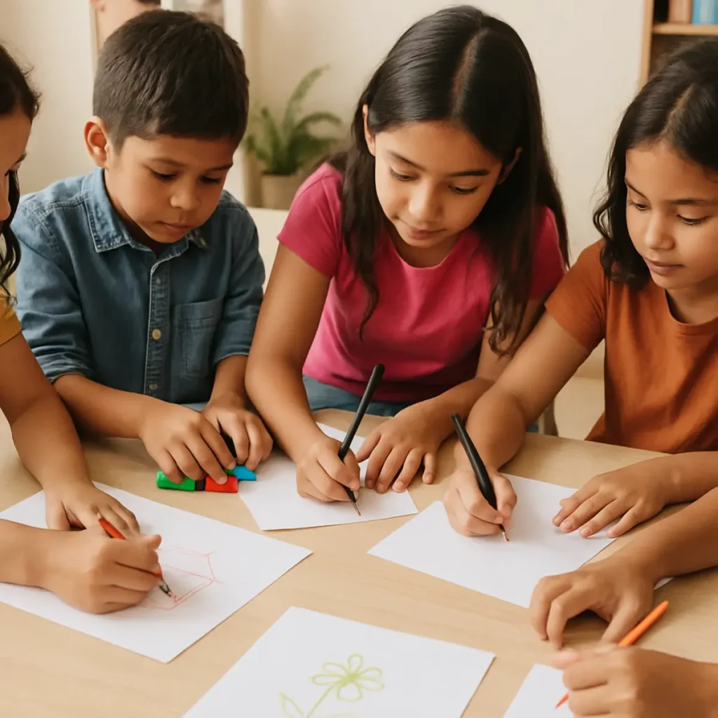 Programa-para-niñas-y-niños Niñas y niños participando en una actividad educativa en grupo, sin mostrar rostros, en un espacio escolar inclusivo y seguro.